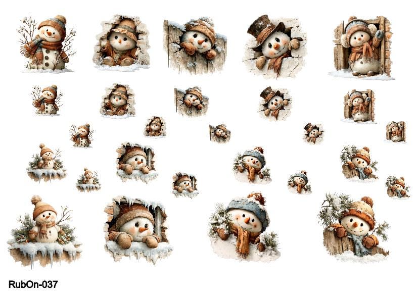 RubOn Sticker / Schneemänner / A5 Bogen / Randlos / Abreibebilder / DIY Sticker für z.B. Glas Holz