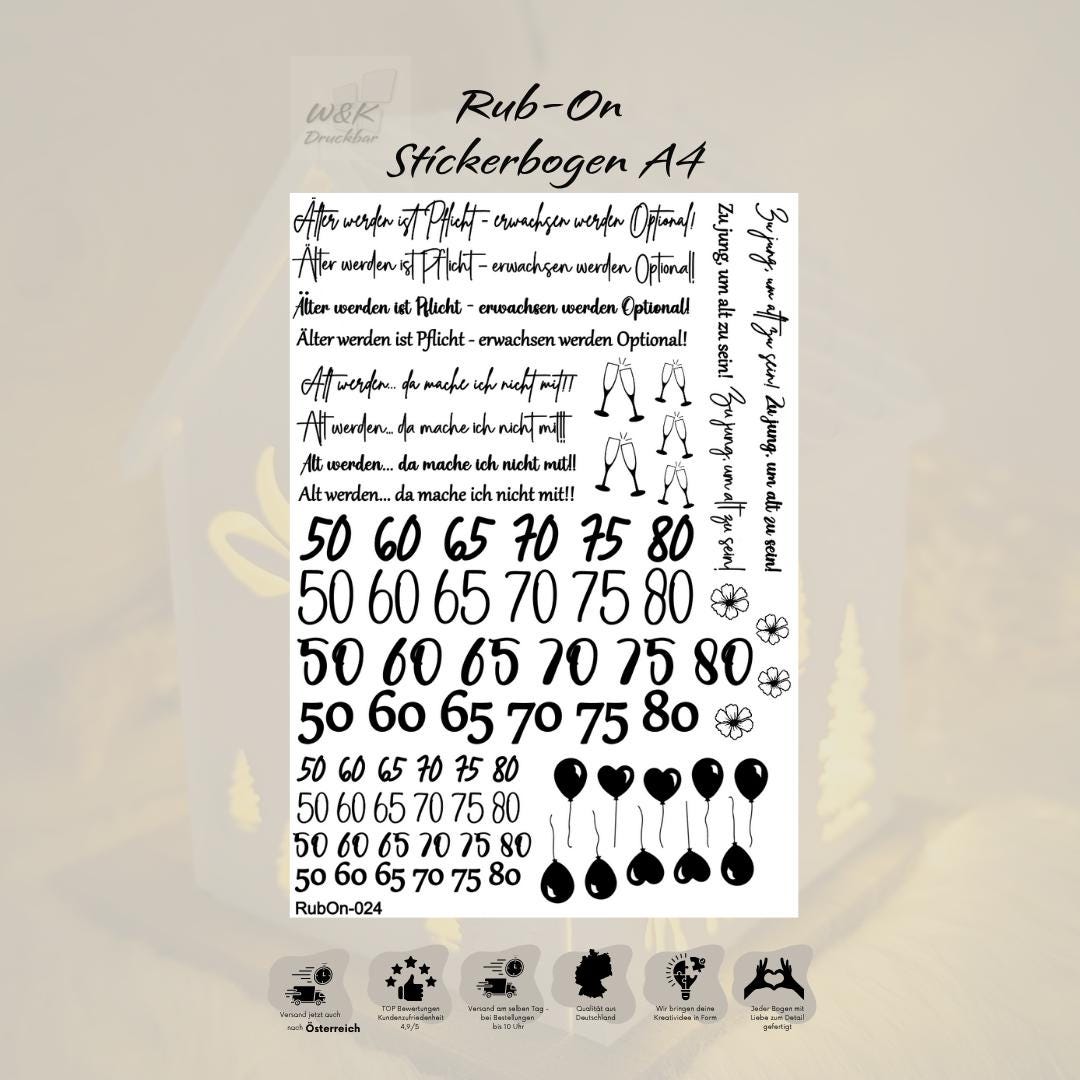 RubOn Sticker / Sprüche zum Geburtstag / A4 Bogen / Randlos /Abreibebilder / DIY Sticker für z.B. Glas Holz