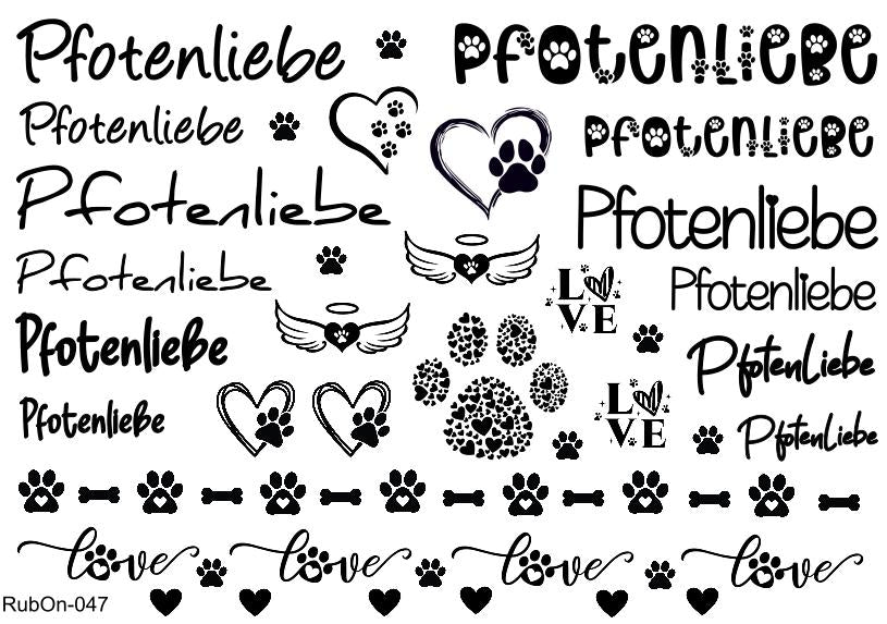 RubOn Sticker / Pfotenliebe / A5 Bogen / Randlos /Abreibebilder / DIY Sticker für z.B. Glas Holz