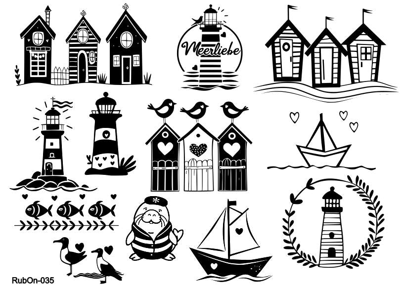 RubOn Sticker / Maritim / A5 Bogen / Randlos / Abreibebilder / DIY Sticker für z.B. Glas Holz