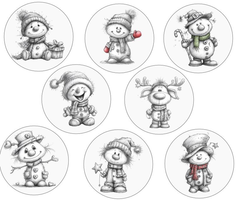 RubOn Sticker / Schneemänner Bleistift #2 / A4 Bogen / Randlos /Abreibebilder / DIY Sticker für z.B. Glas Holz
