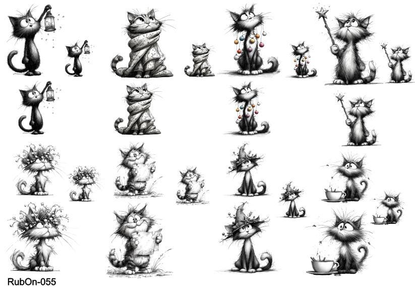 RubOn Sticker / Katzen Bleistiftzeichnung #2 / A5 Bogen / Randlos / Abreibebilder / DIY Sticker für z.B. Glas Holz