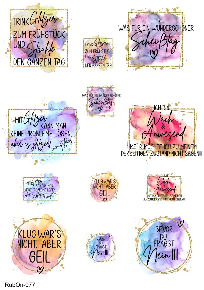RubOn Sticker / Sprüche Humor / A4 Bogen / Randlos /Abreibebilder / DIY Sticker für z.B. Glas Holz