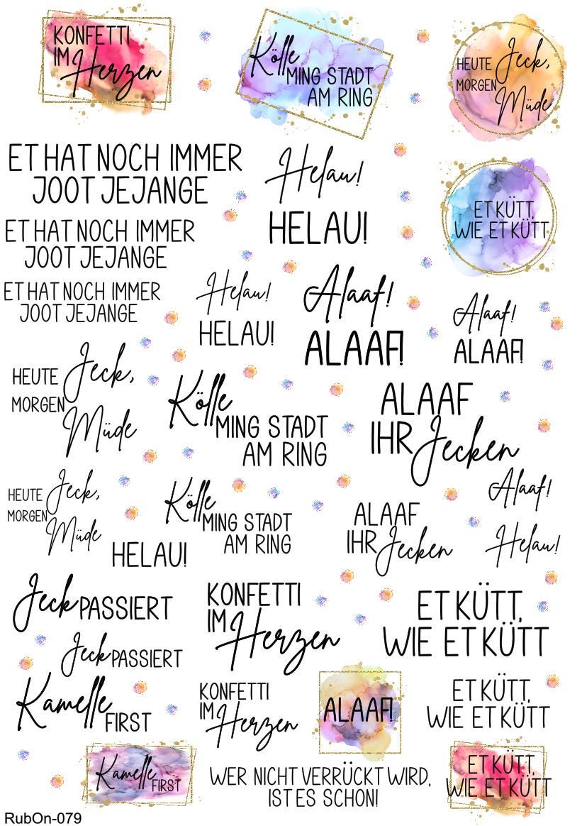RubOn Sticker / Alaaf#2 / A4 Bogen / Randlos /Abreibebilder / DIY Sticker für z.B. Glas Holz