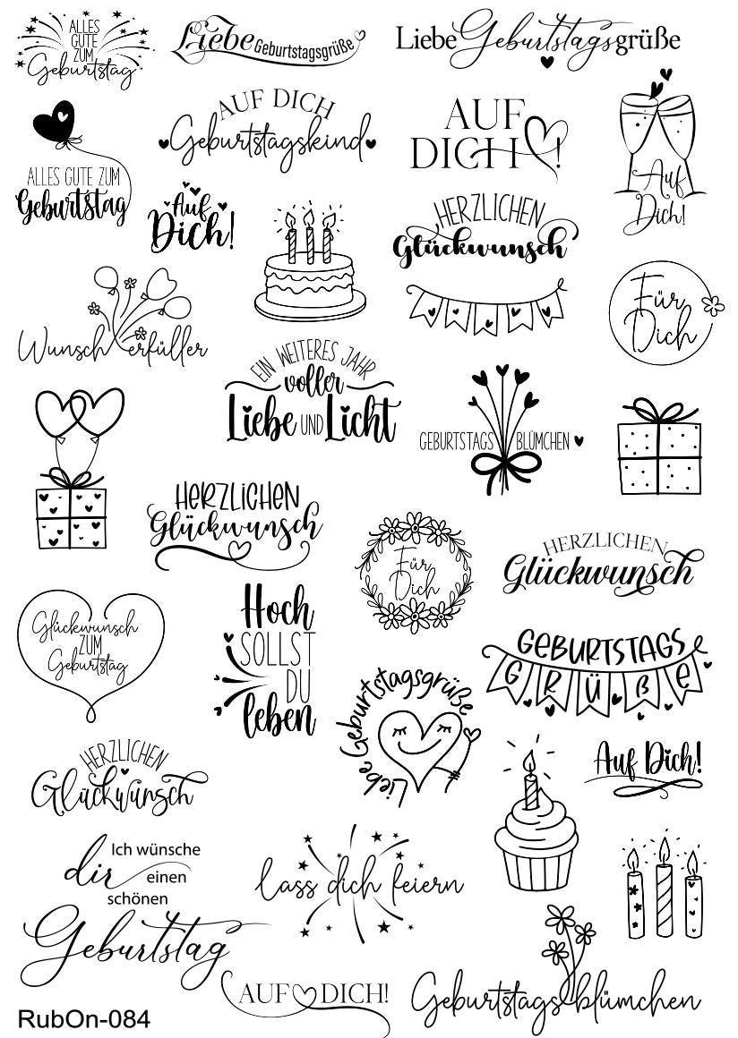 RubOn Sticker / Geburtstag Mix / A4 Bogen / Randlos /Abreibebilder / DIY Sticker für z.B. Glas Holz