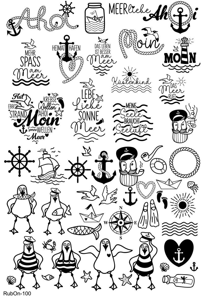RubOn Sticker / Meerliebe / A4 Bogen / Randlos /Abreibebilder / DIY Sticker für z.B. Glas Holz
