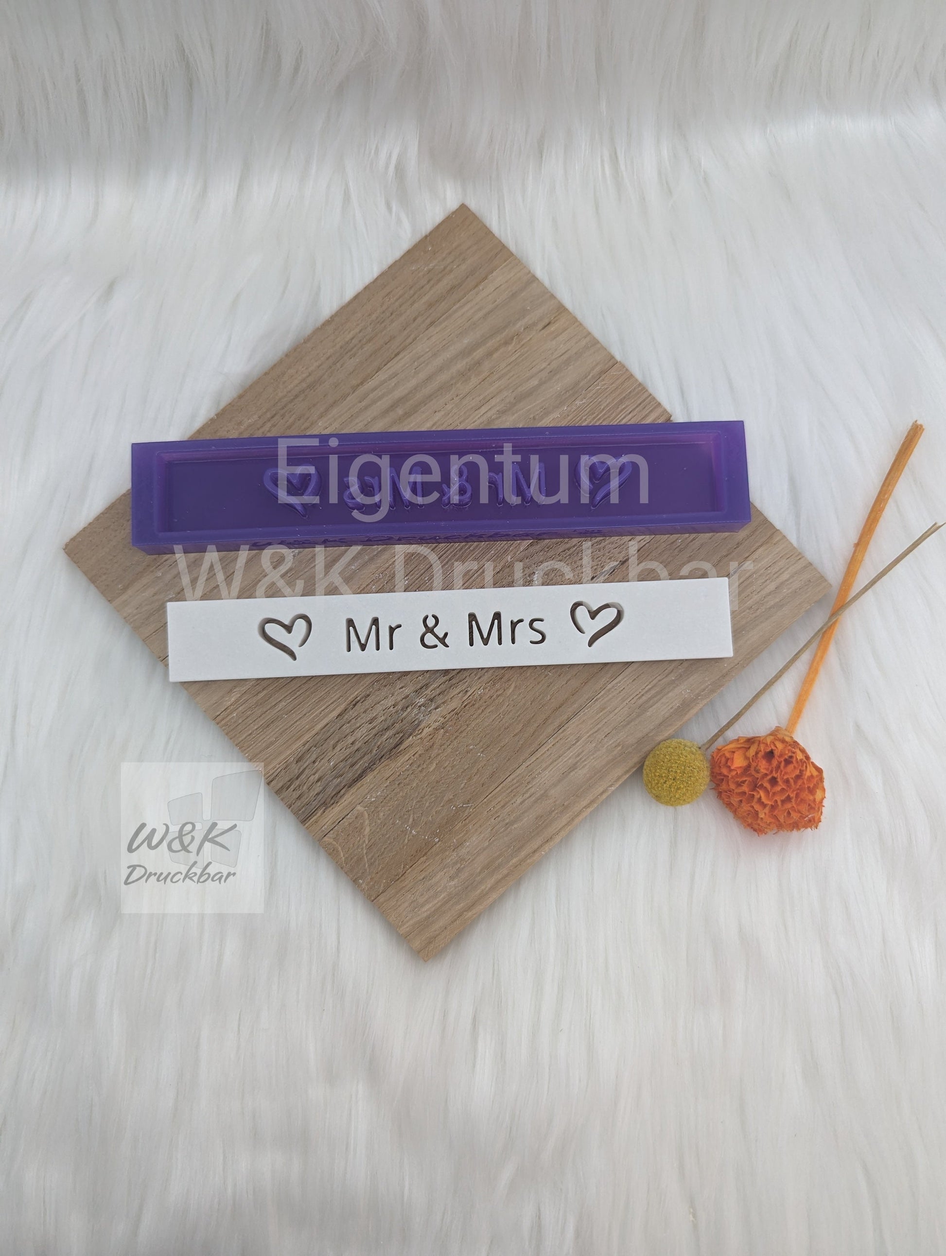 Klötzchen Gießform / Mr & Mrs / Silikonform für Klötzchen/160x22x8 mm/Silikon Klötzchen Gießform Herz Motiv