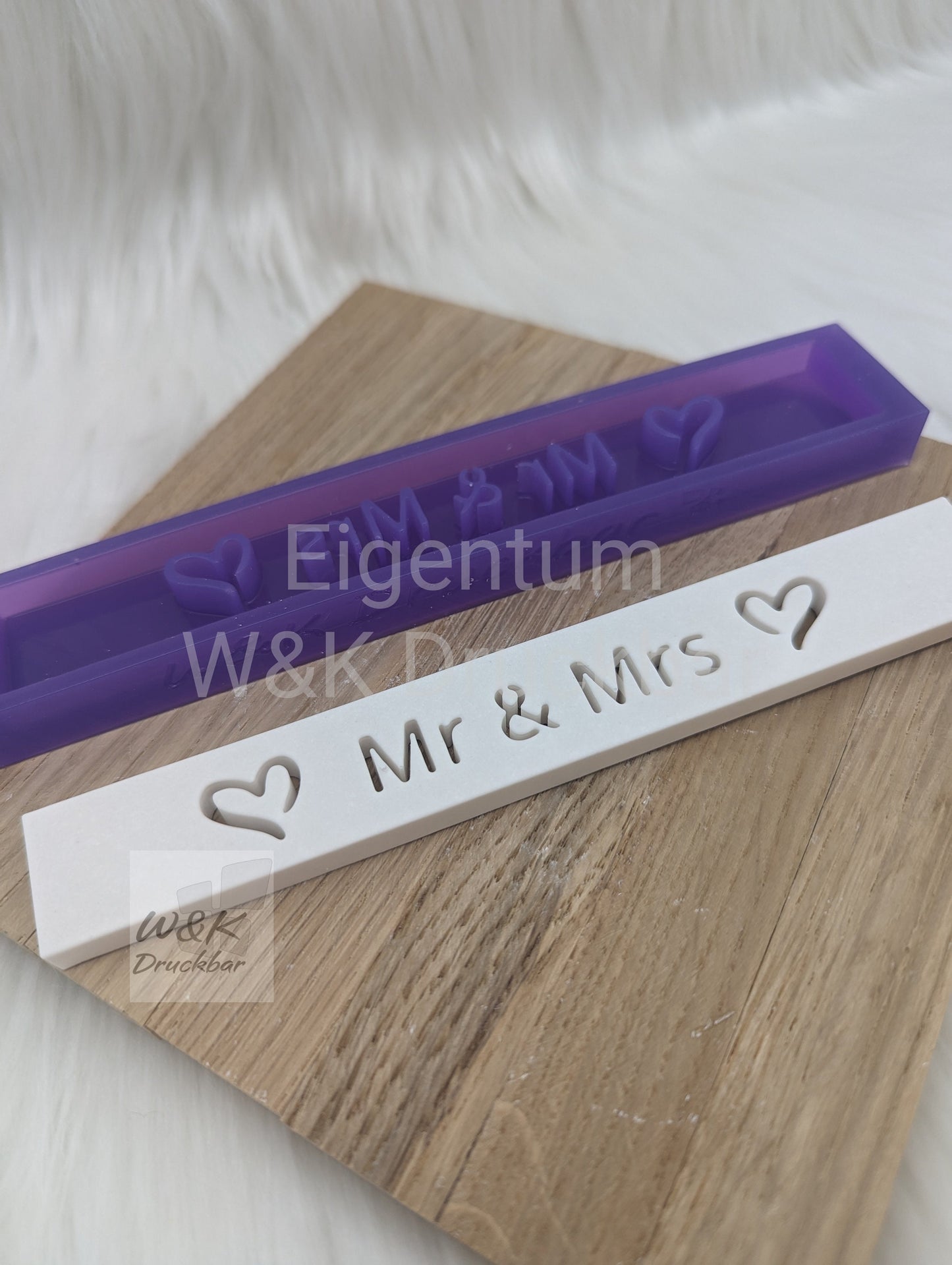 Klötzchen Gießform / Mr & Mrs / Silikonform für Klötzchen/160x22x8 mm/Silikon Klötzchen Gießform Herz Motiv
