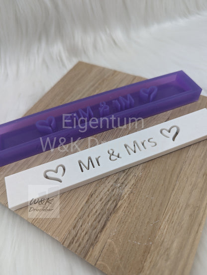 Klötzchen Gießform / Mr & Mrs / Silikonform für Klötzchen/160x22x8 mm/Silikon Klötzchen Gießform Herz Motiv