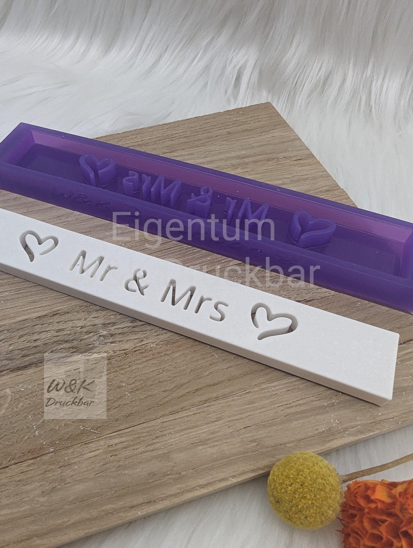 Klötzchen Gießform / Mr & Mrs / Silikonform für Klötzchen/160x22x8 mm/Silikon Klötzchen Gießform Herz Motiv