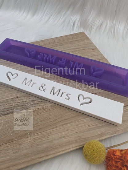 Klötzchen Gießform / Mr & Mrs / Silikonform für Klötzchen/160x22x8 mm/Silikon Klötzchen Gießform Herz Motiv