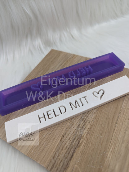 Klötzchen Gießform / HELD MIT Herz / Silikonform für Klötzchen/160x22x8 mm/Silikon Klötzchen Gießform Herz Motiv