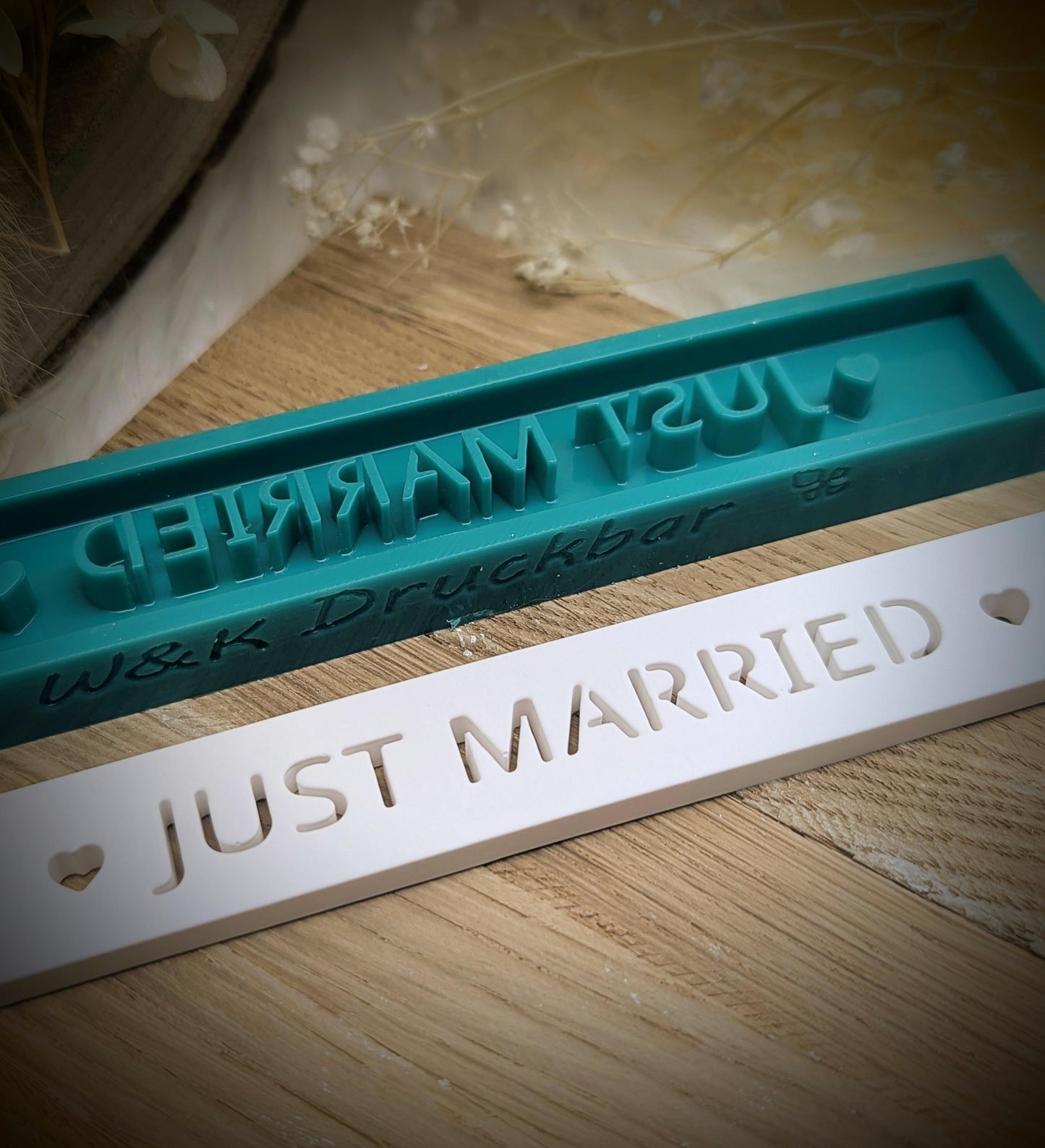 Klötzchen Gießform / Just Married / Silikonform für Klötzchen / 160x22x8 mm / Silikon Klötzchen Gießform /Gießform Klötzchen