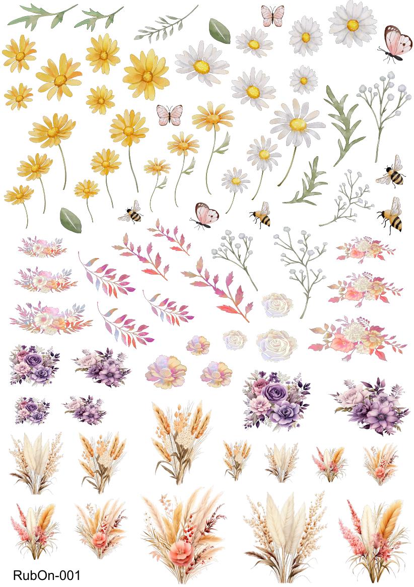 RubOn Sticker / Aquarell Blumen / A4 Bogen / Randlos /Abreibebilder / DIY Sticker für z.B. Glas Holz