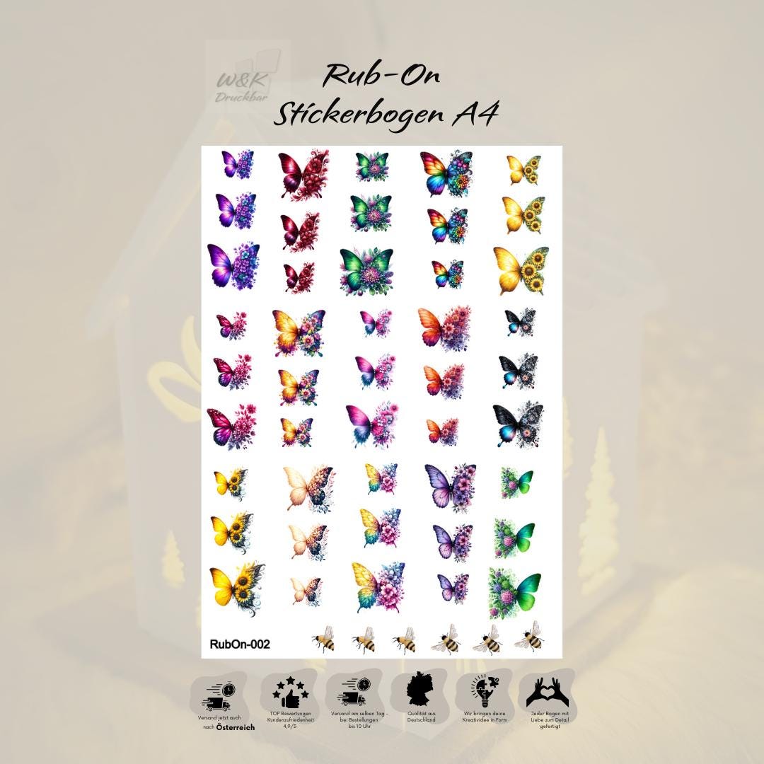 RubOn Sticker / Schmetterlinge / A4 Bogen / Randlos /Abreibebilder / DIY Sticker für z.B. Glas Holz