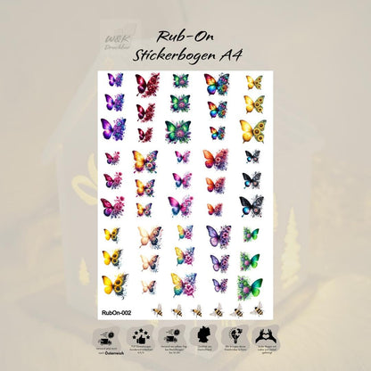 RubOn Sticker / Schmetterlinge / A4 Bogen / Randlos /Abreibebilder / DIY Sticker für z.B. Glas Holz