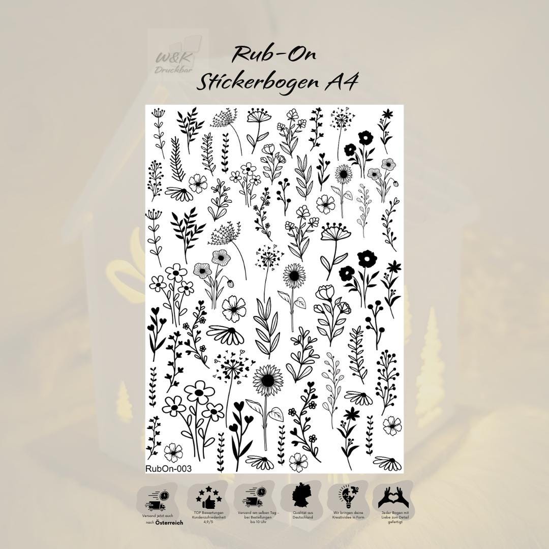 RubOn Sticker / Wildblumen / A4 Bogen / Randlos /Abreibebilder / DIY Sticker für z.B. Glas Holz