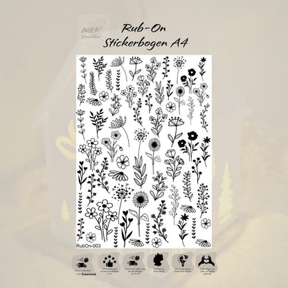RubOn Sticker / Wildblumen / A4 Bogen / Randlos /Abreibebilder / DIY Sticker für z.B. Glas Holz