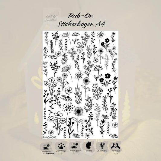 RubOn Sticker / Wildblumen / A4 Bogen / Randlos /Abreibebilder / DIY Sticker für z.B. Glas Holz