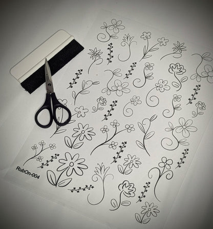 RubOn Sticker / Strichblumen / A4 Bogen / Randlos /Abreibebilder / DIY Sticker für z.B. Glas Holz