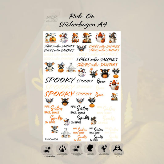 RubOn Sticker / Halloween Orange / A4 Bogen / Randlos /Abreibebilder / DIY Sticker für z.B. Glas Holz