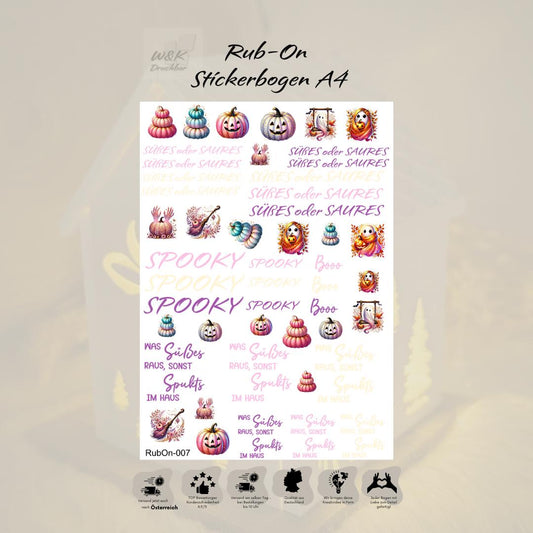 RubOn Sticker / Halloween Rosa / A4 Bogen / Randlos /Abreibebilder / DIY Sticker für z.B. Glas Holz