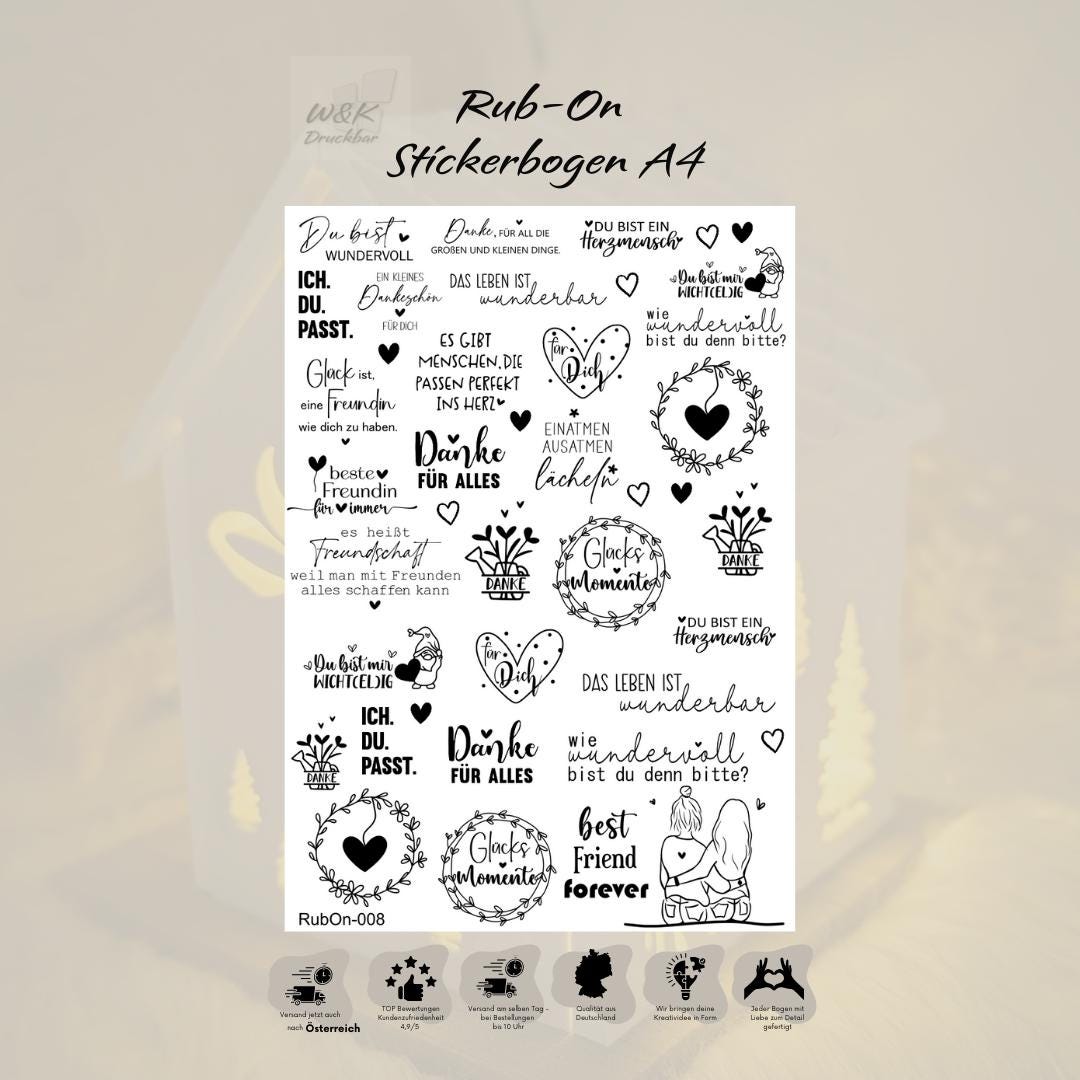 RubOn Sticker / Freundschaft / A4 Bogen / Randlos /Abreibebilder / DIY Sticker für z.B. Glas Holz