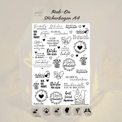 RubOn Sticker / Freundschaft / A4 Bogen / Randlos /Abreibebilder / DIY Sticker für z.B. Glas Holz