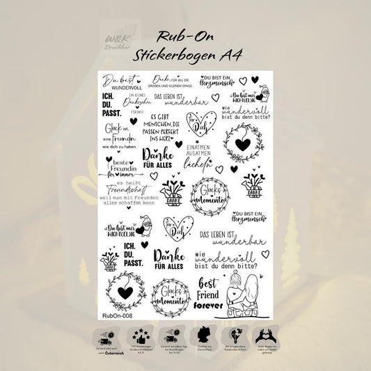 RubOn Sticker / Freundschaft / A4 Bogen / Randlos /Abreibebilder / DIY Sticker für z.B. Glas Holz