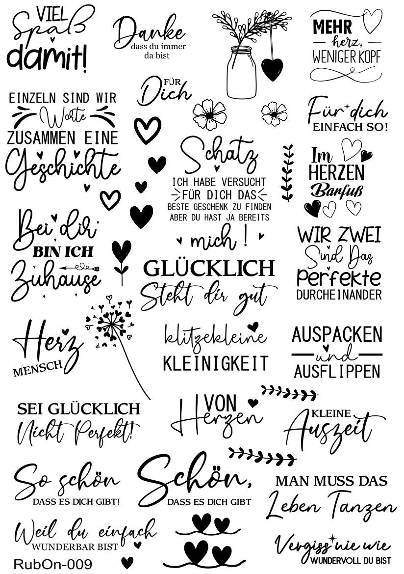 RubOn Sticker / Sprüche mit Herz / A4 Bogen / Randlos /Abreibebilder / DIY Sticker für z.B. Glas Holz