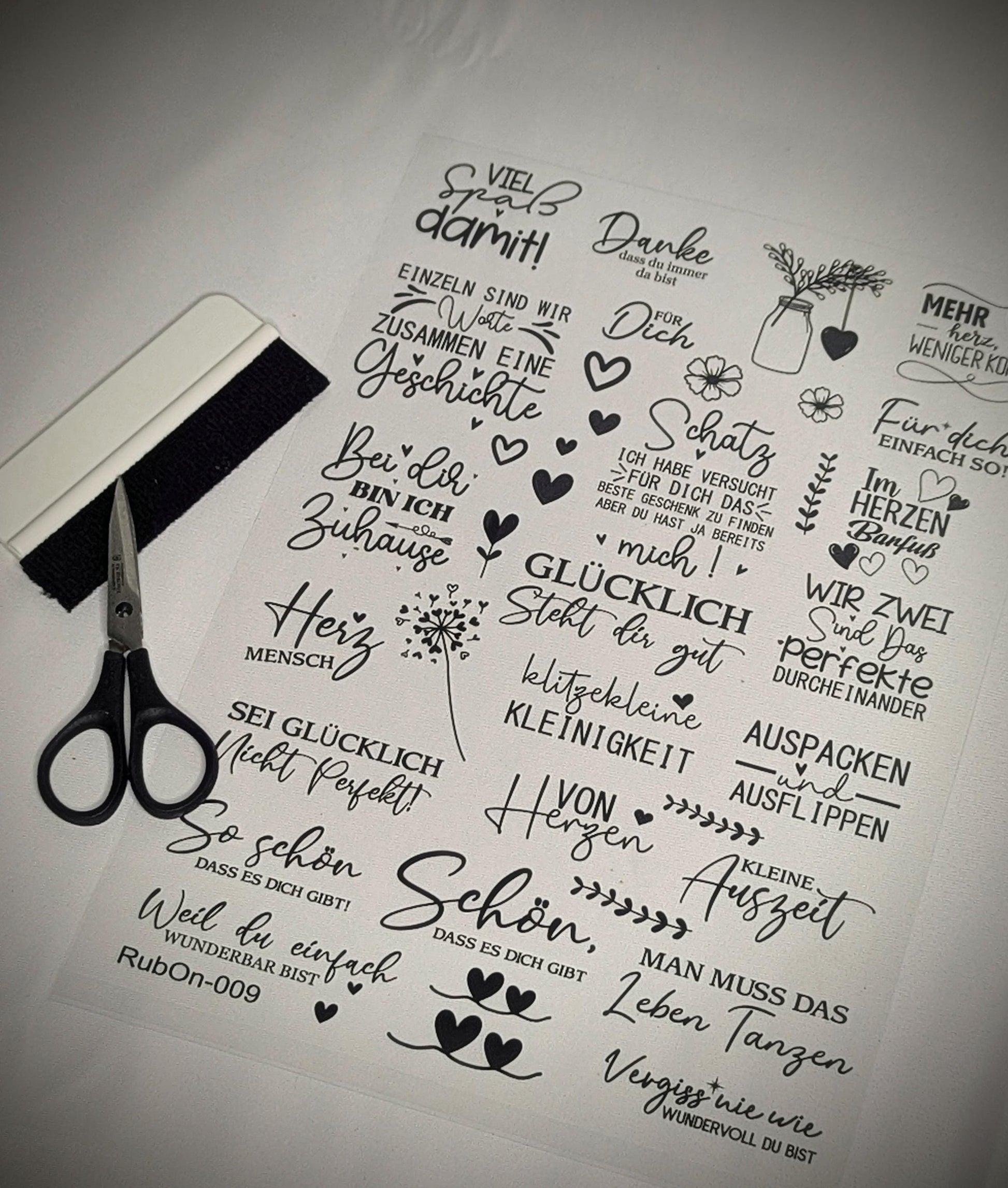 RubOn Sticker / Sprüche mit Herz / A4 Bogen / Randlos /Abreibebilder / DIY Sticker für z.B. Glas Holz