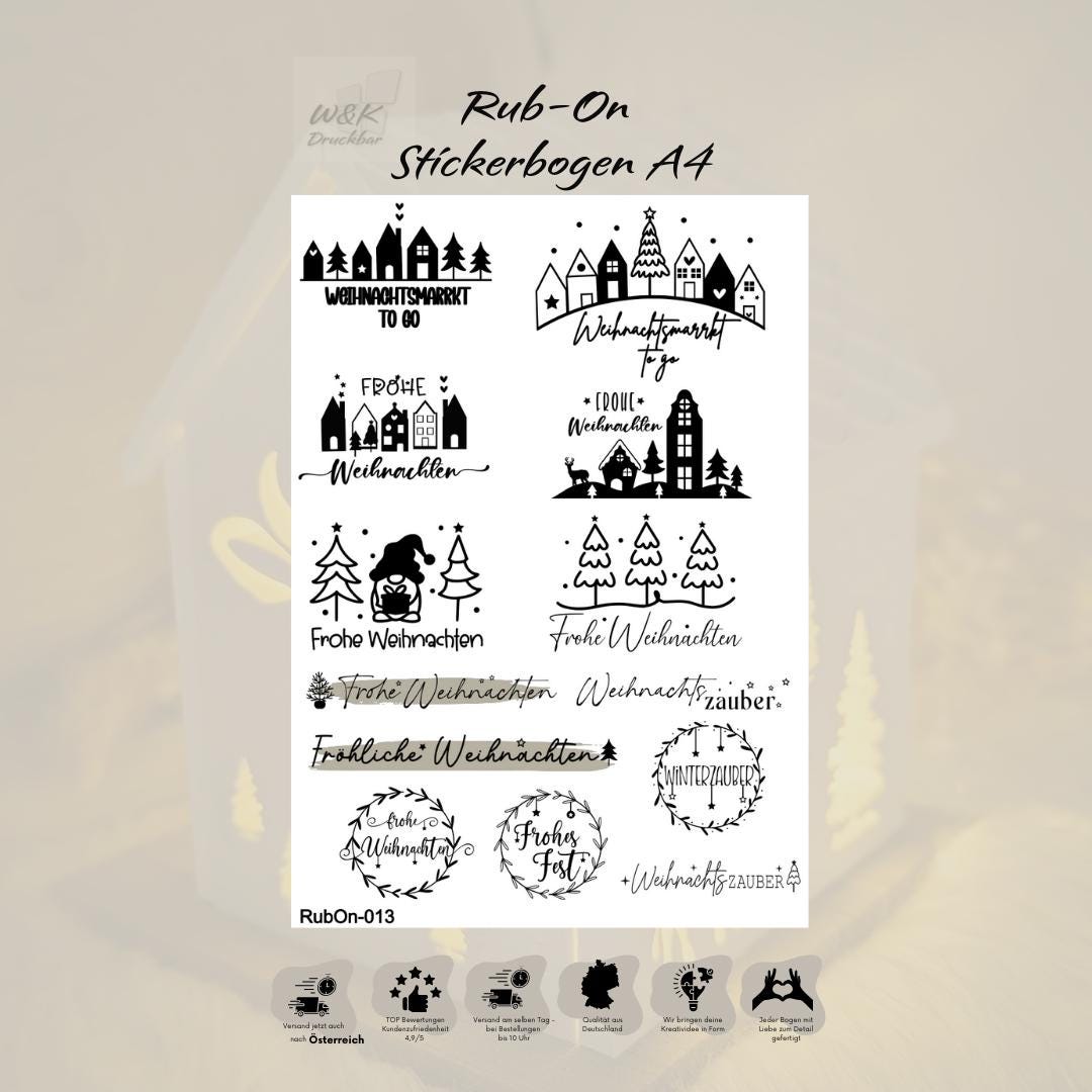 RubOn Sticker / Weihnachten / A4 Bogen / Randlos /Abreibebilder / DIY Sticker für z.B. Glas Holz