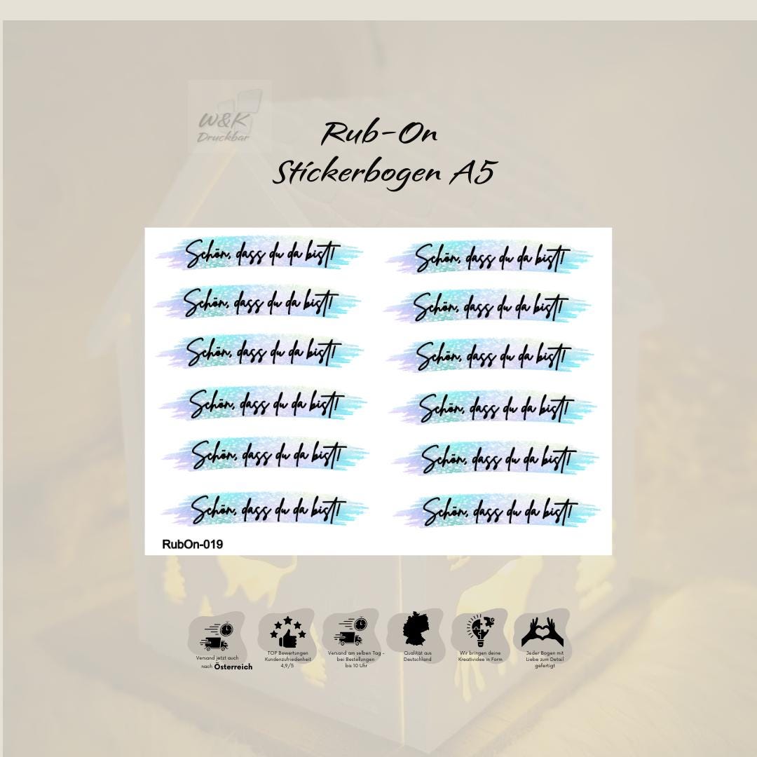 RubOn Sticker / Schön, dass du da bist! (Bunt) / A5 Bogen / Randlos /Abreibebilder / DIY Sticker für z.B. Glas Holz