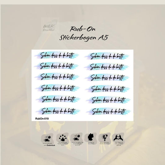 RubOn Sticker / Schön, dass du da bist! (Bunt) / A5 Bogen / Randlos /Abreibebilder / DIY Sticker für z.B. Glas Holz