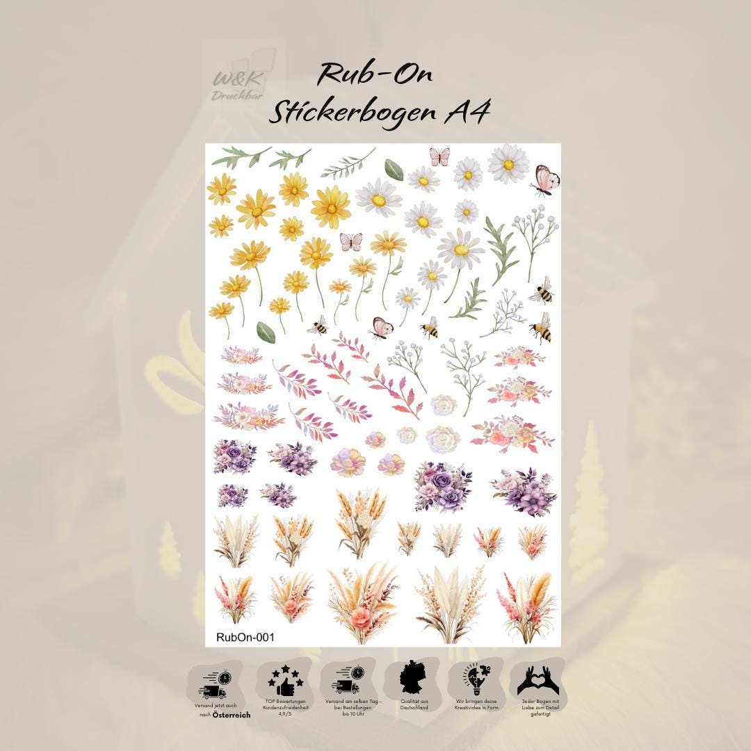 RubOn Sticker / Aquarell Blumen / A4 Bogen / Randlos /Abreibebilder / DIY Sticker für z.B. Glas Holz