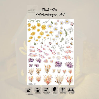 RubOn Sticker / Aquarell Blumen / A4 Bogen / Randlos /Abreibebilder / DIY Sticker für z.B. Glas Holz