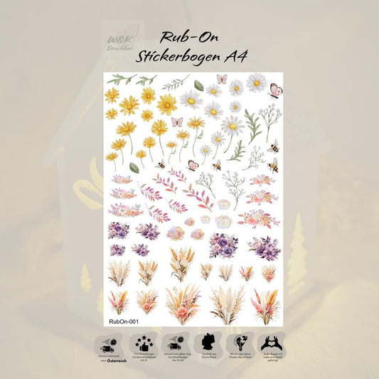 RubOn Sticker / Aquarell Blumen / A4 Bogen / Randlos /Abreibebilder / DIY Sticker für z.B. Glas Holz