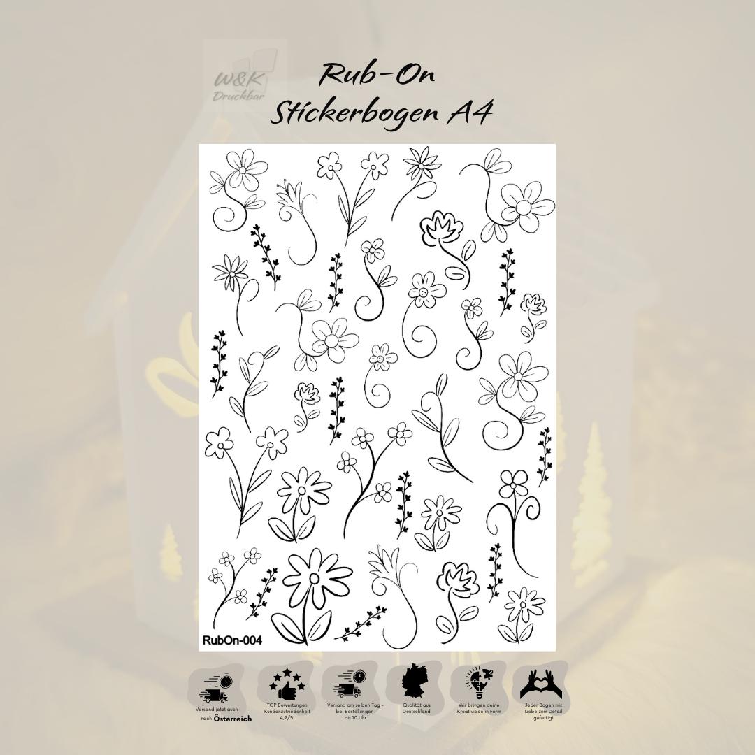 RubOn Sticker / Strichblumen / A4 Bogen / Randlos /Abreibebilder / DIY Sticker für z.B. Glas Holz