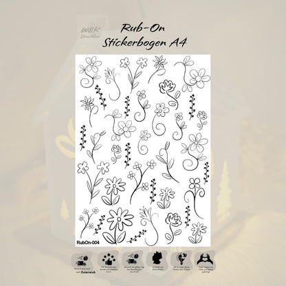 RubOn Sticker / Strichblumen / A4 Bogen / Randlos /Abreibebilder / DIY Sticker für z.B. Glas Holz