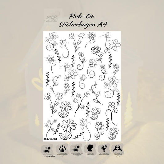 RubOn Sticker / Strichblumen / A4 Bogen / Randlos /Abreibebilder / DIY Sticker für z.B. Glas Holz