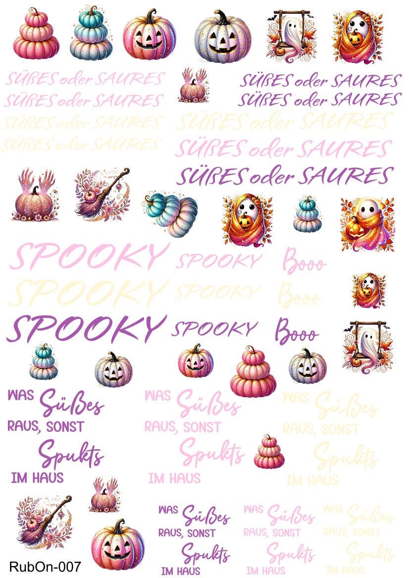RubOn Sticker / Halloween Rosa / A4 Bogen / Randlos /Abreibebilder / DIY Sticker für z.B. Glas Holz