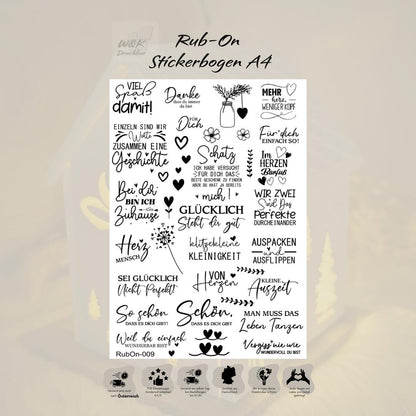 RubOn Sticker / Sprüche mit Herz / A4 Bogen / Randlos /Abreibebilder / DIY Sticker für z.B. Glas Holz