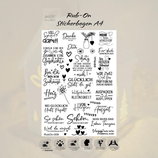 RubOn Sticker / Sprüche mit Herz / A4 Bogen / Randlos /Abreibebilder / DIY Sticker für z.B. Glas Holz