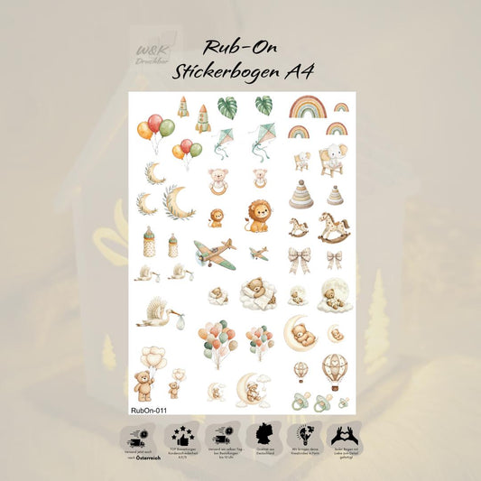 RubOn Sticker / Baby / A4 Bogen / Randlos /Abreibebilder / DIY Sticker für z.B. Glas Holz