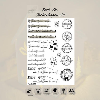 RubOn Sticker / Weihnachten Sprüche / A4 Bogen / Randlos /Abreibebilder / DIY Sticker für z.B. Glas Holz