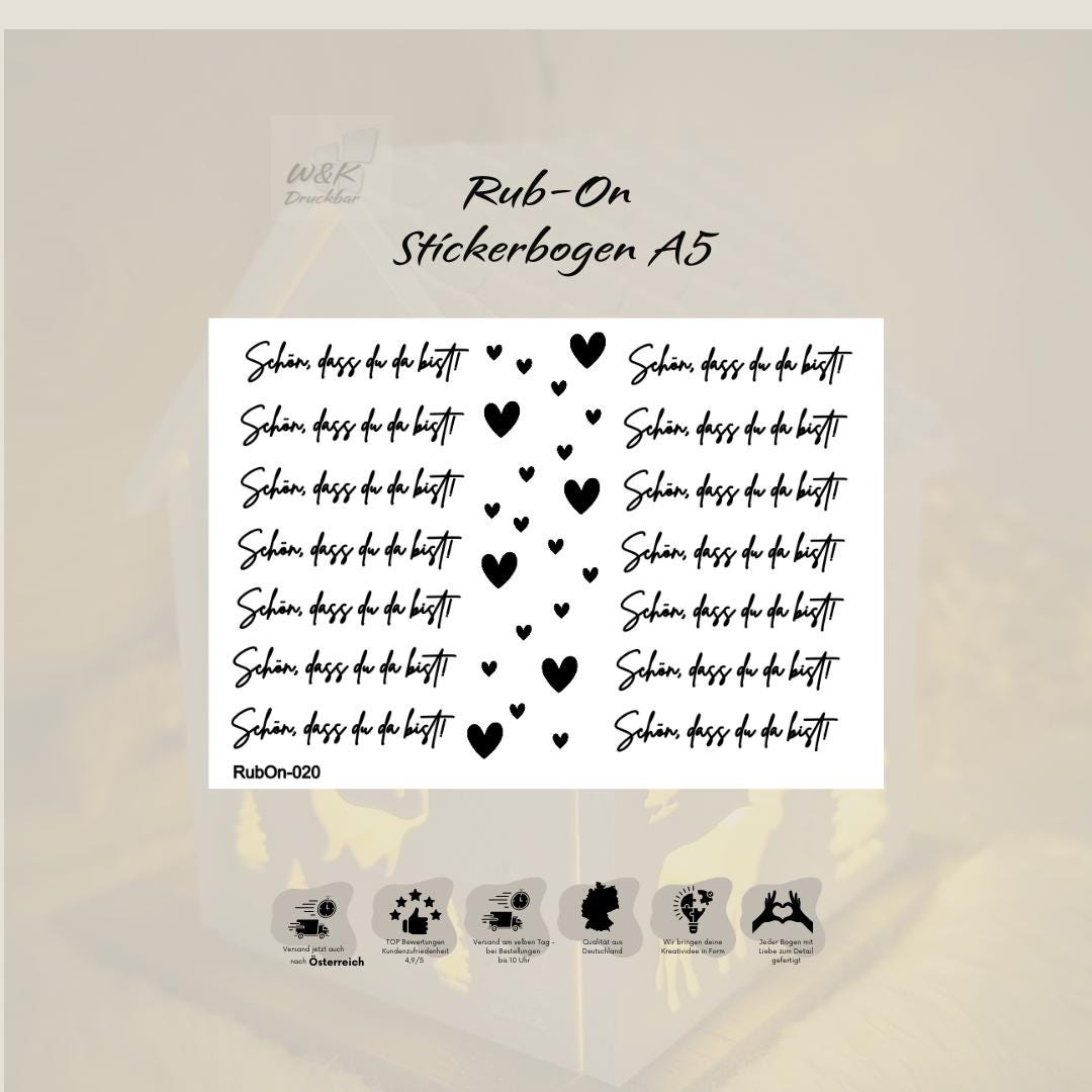RubOn Sticker / Fröhliche Schön, dass du da bist! / A5 Bogen / Randlos /Abreibebilder / DIY Sticker für z.B. Glas Holz
