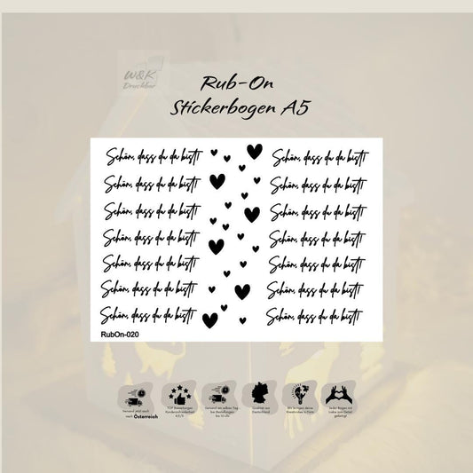 RubOn Sticker / Fröhliche Schön, dass du da bist! / A5 Bogen / Randlos /Abreibebilder / DIY Sticker für z.B. Glas Holz