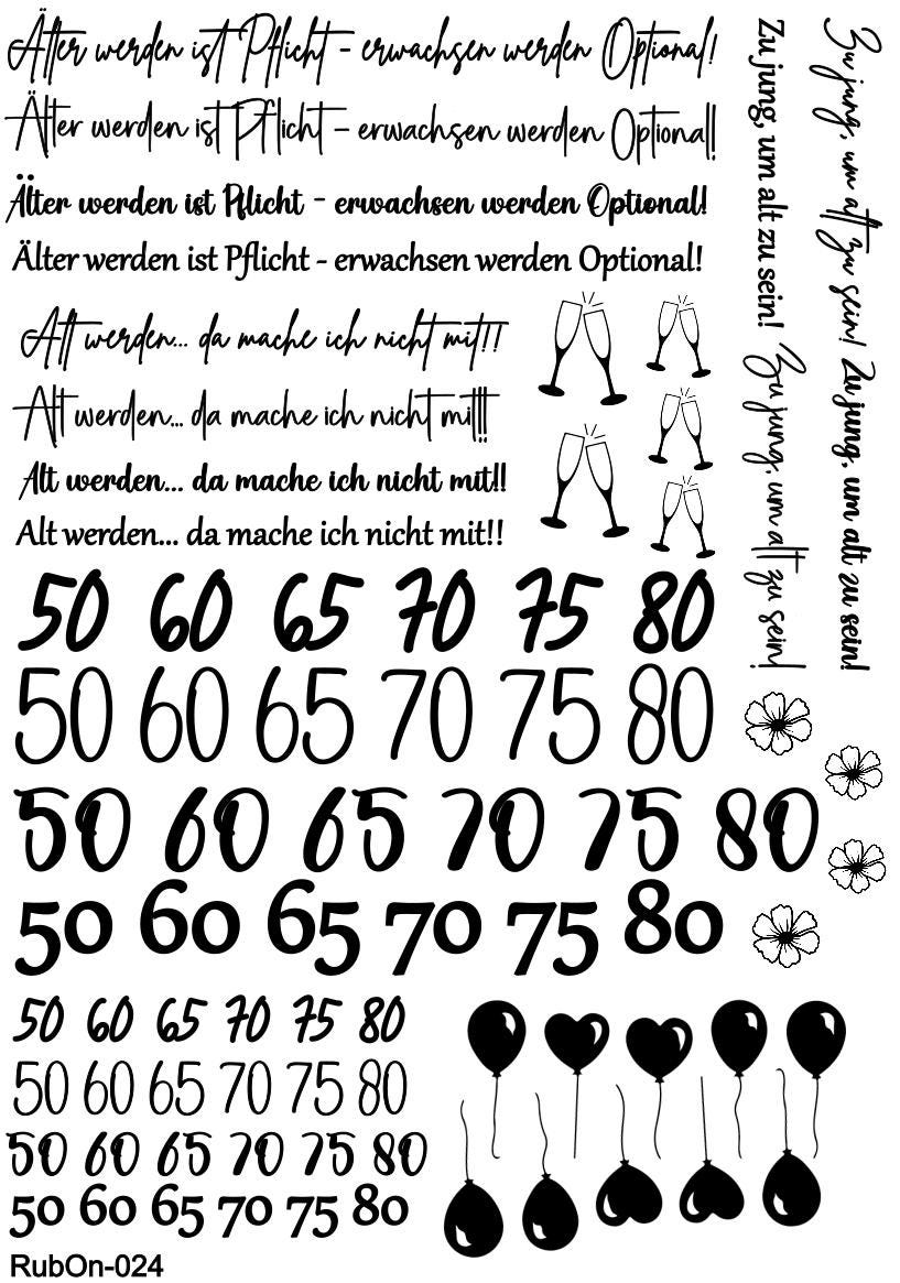 RubOn Sticker / Sprüche zum Geburtstag / A4 Bogen / Randlos /Abreibebilder / DIY Sticker für z.B. Glas Holz