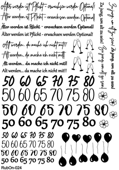 RubOn Sticker / Sprüche zum Geburtstag / A4 Bogen / Randlos /Abreibebilder / DIY Sticker für z.B. Glas Holz