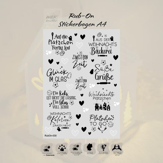RubOn Sticker / Plätzchen / A4 Bogen / Randlos /Abreibebilder / DIY Sticker für z.B. Glas Holz